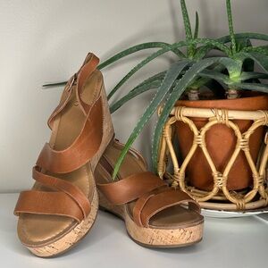 Franco Sarto Cooper Brown Leather Cork Wedge Sandals Size 10M NWOB